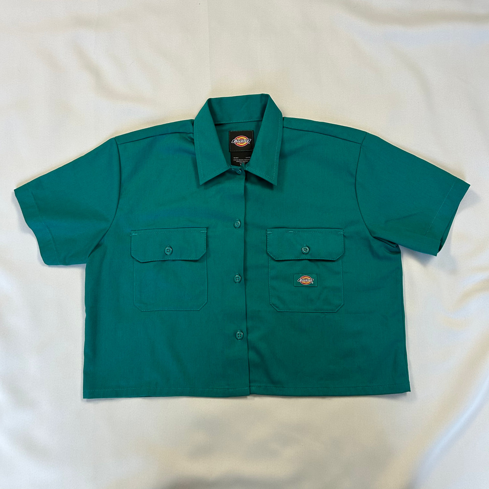 Dickies Work Shirt Size Medium Teal Crop Short Sleeve Twill Button Utility